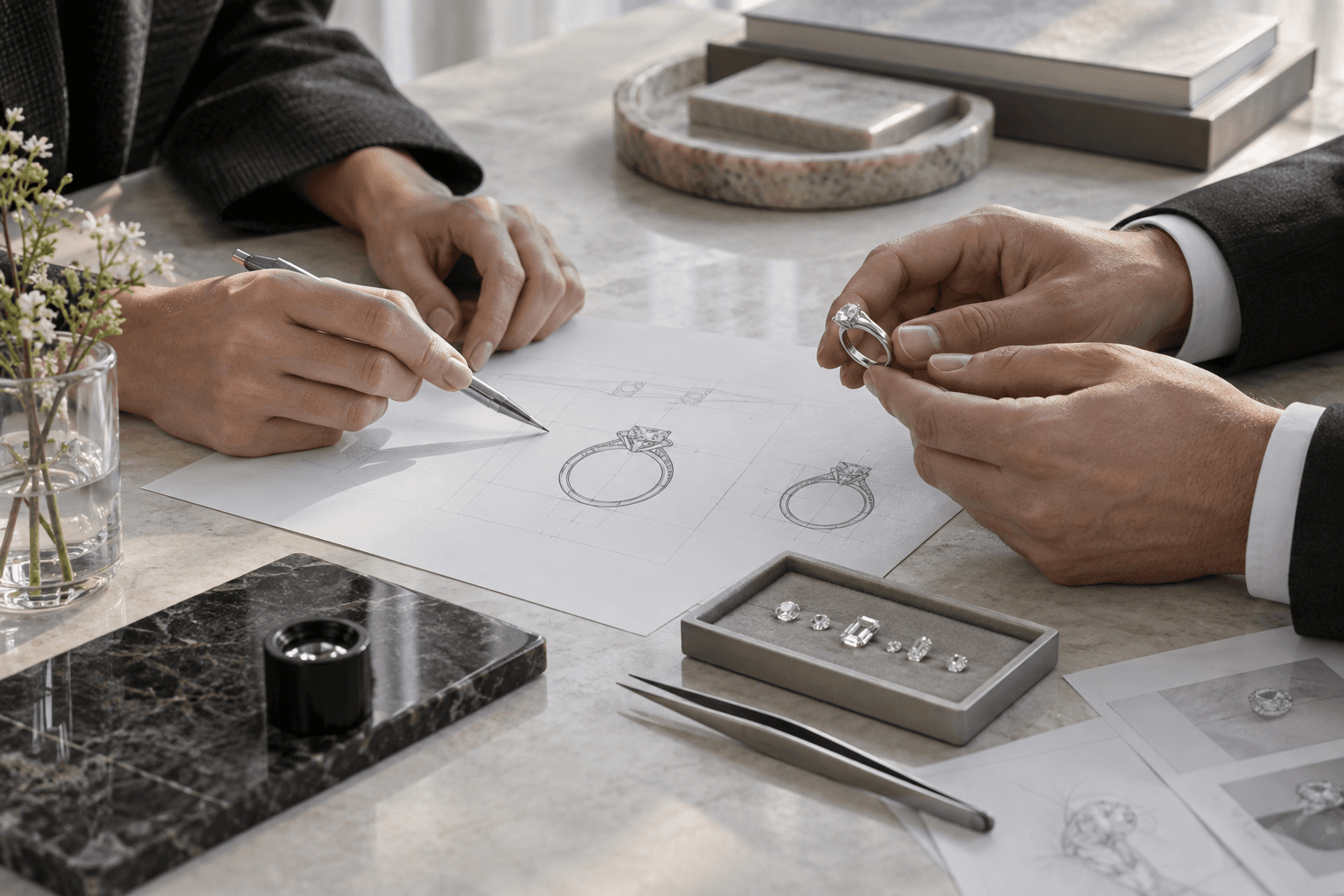 Concept scene of a bespoke jewelry consultation with hands reviewing a ring, CAD drawings and stones
