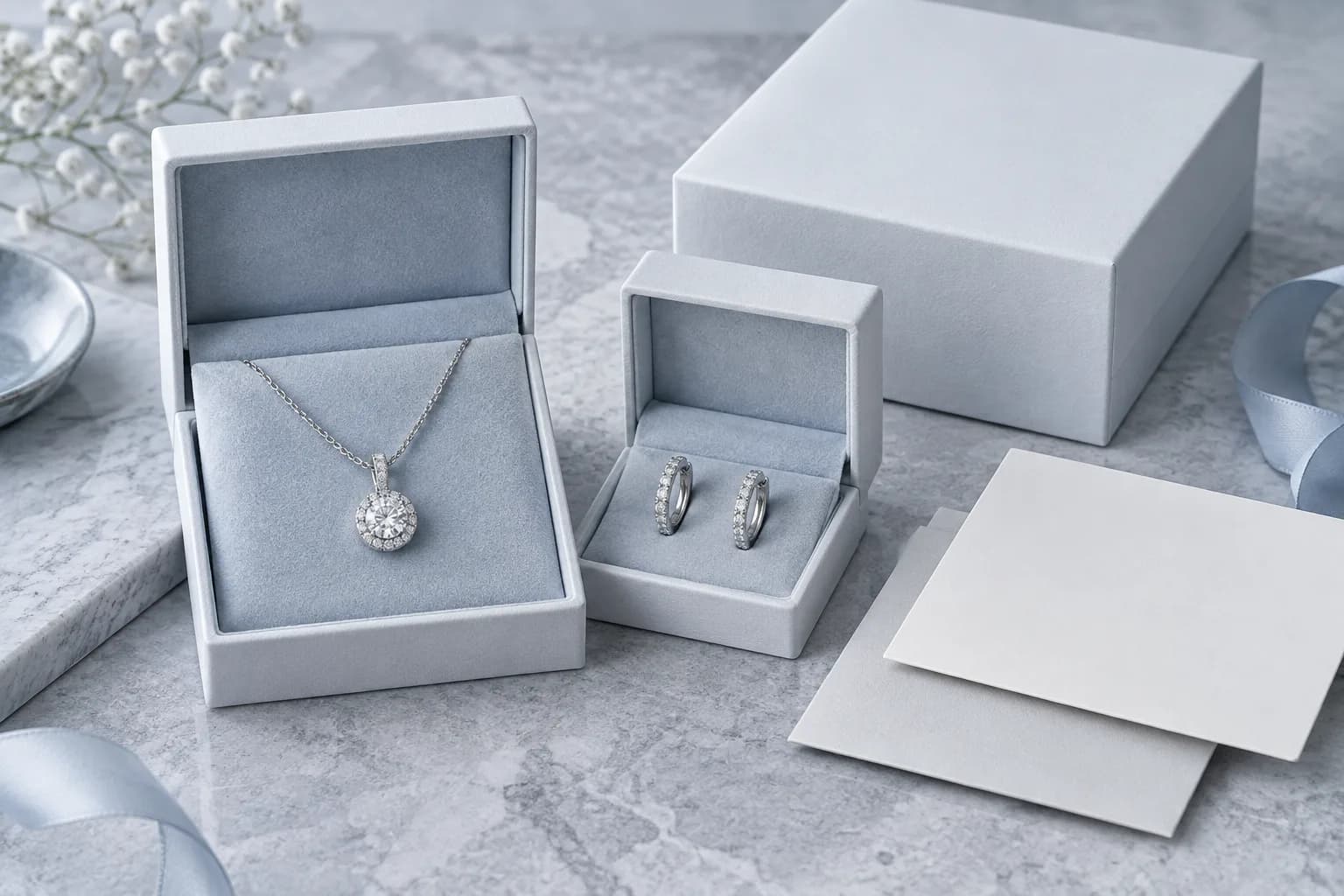 Concept image of an anonymous pendant and hoop launch set with blank packaging