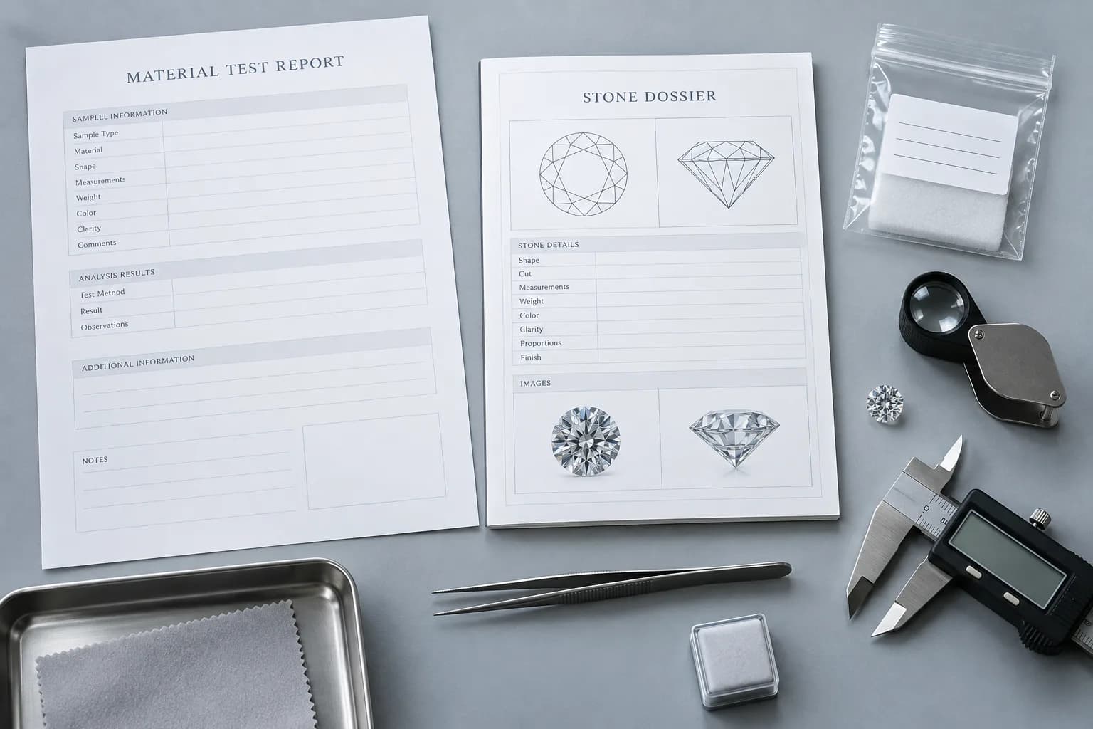 Generic material test and stone dossier placeholders with inspection tools