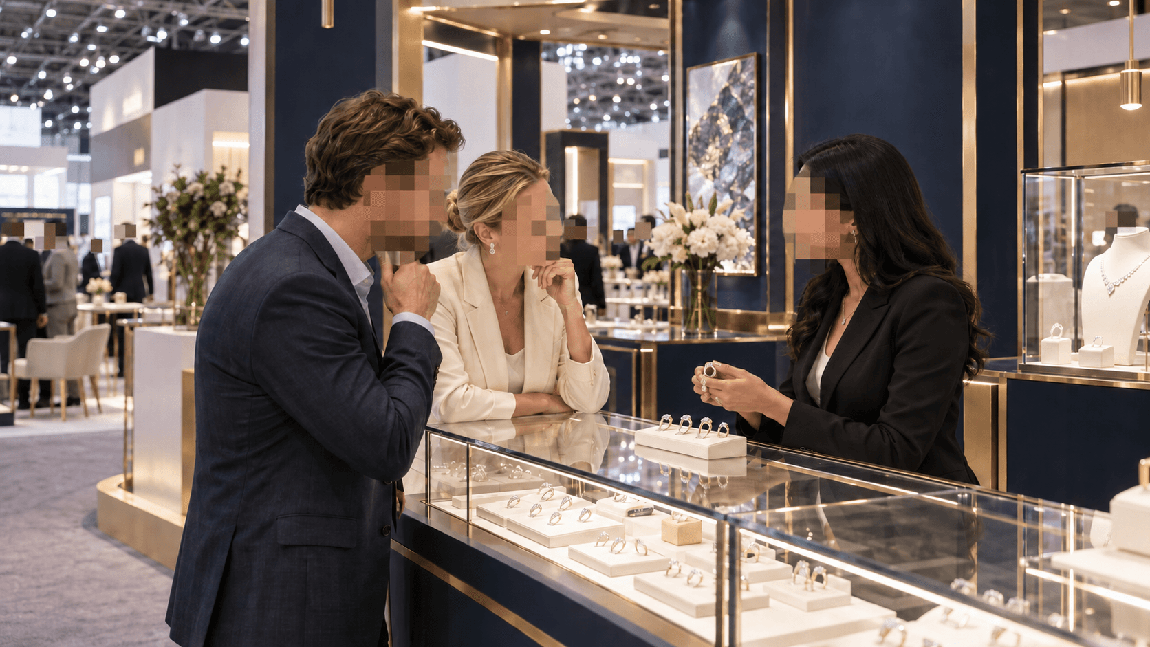 Representative international jewelry trade show meeting with faces pixelated for privacy
