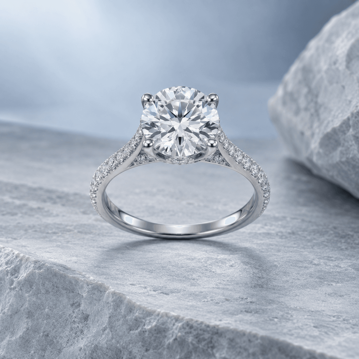 Platinum pavé solitaire engagement ring concept on cool gray stone