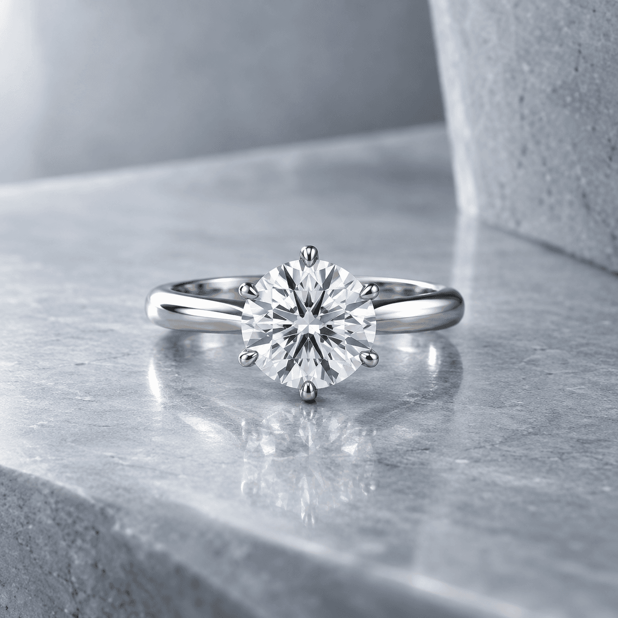 Platinum six-prong solitaire engagement ring concept in a cool gray jewelry studio
