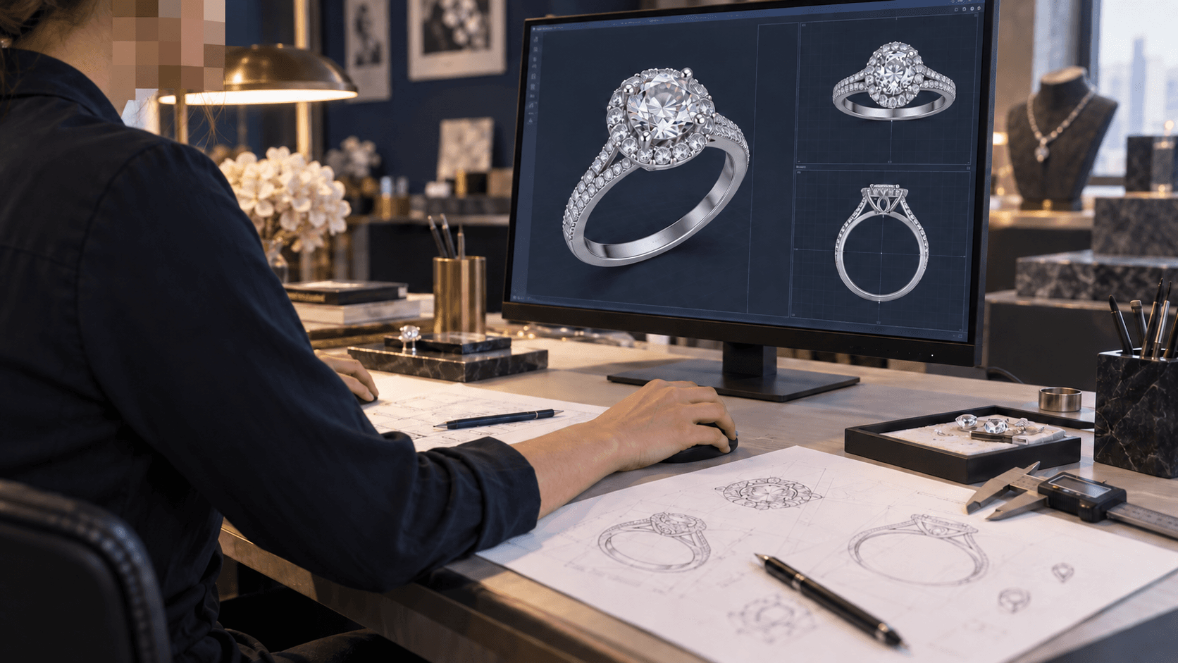 Representative jewelry CAD design workflow with face pixelated for privacy