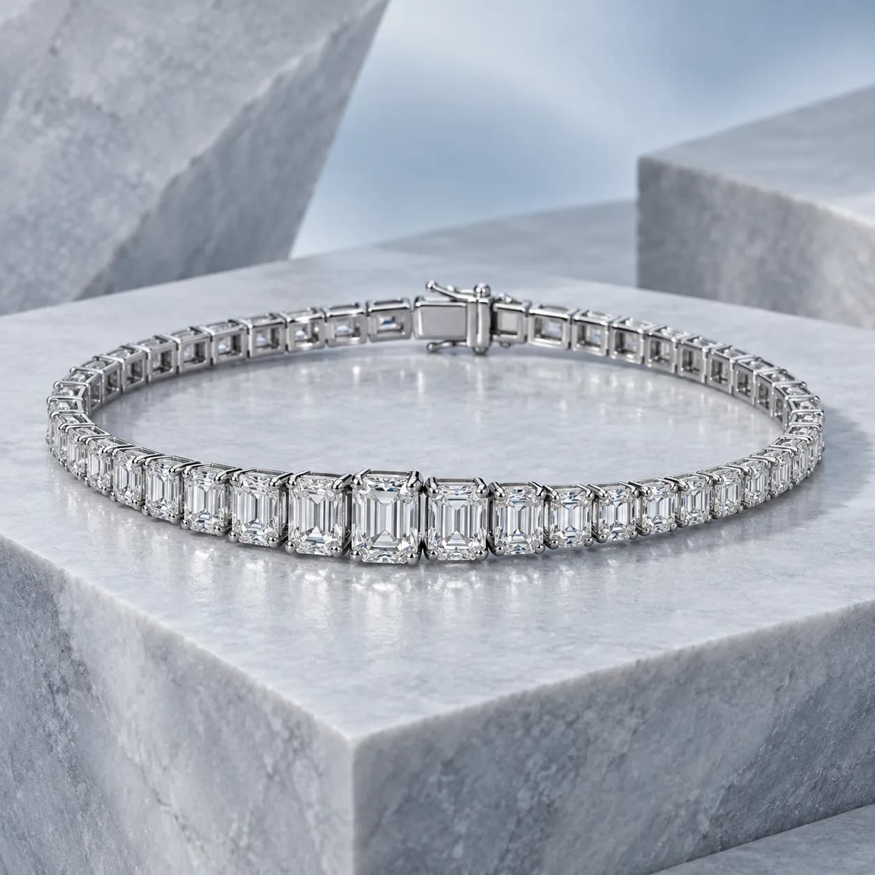 Concept of a graduated emerald-cut diamond line bracelet