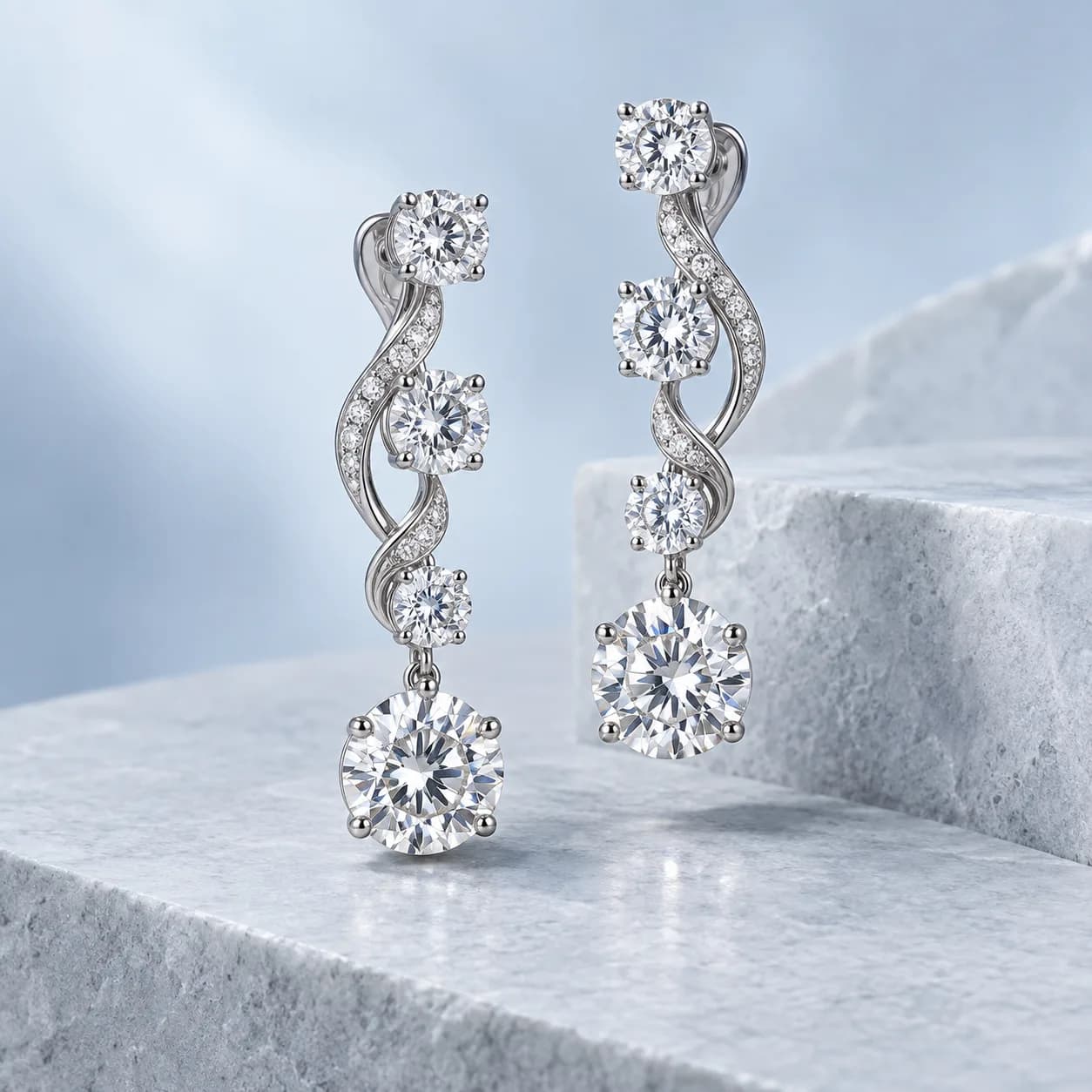 Concept of sculptural white gold diamond drop earrings