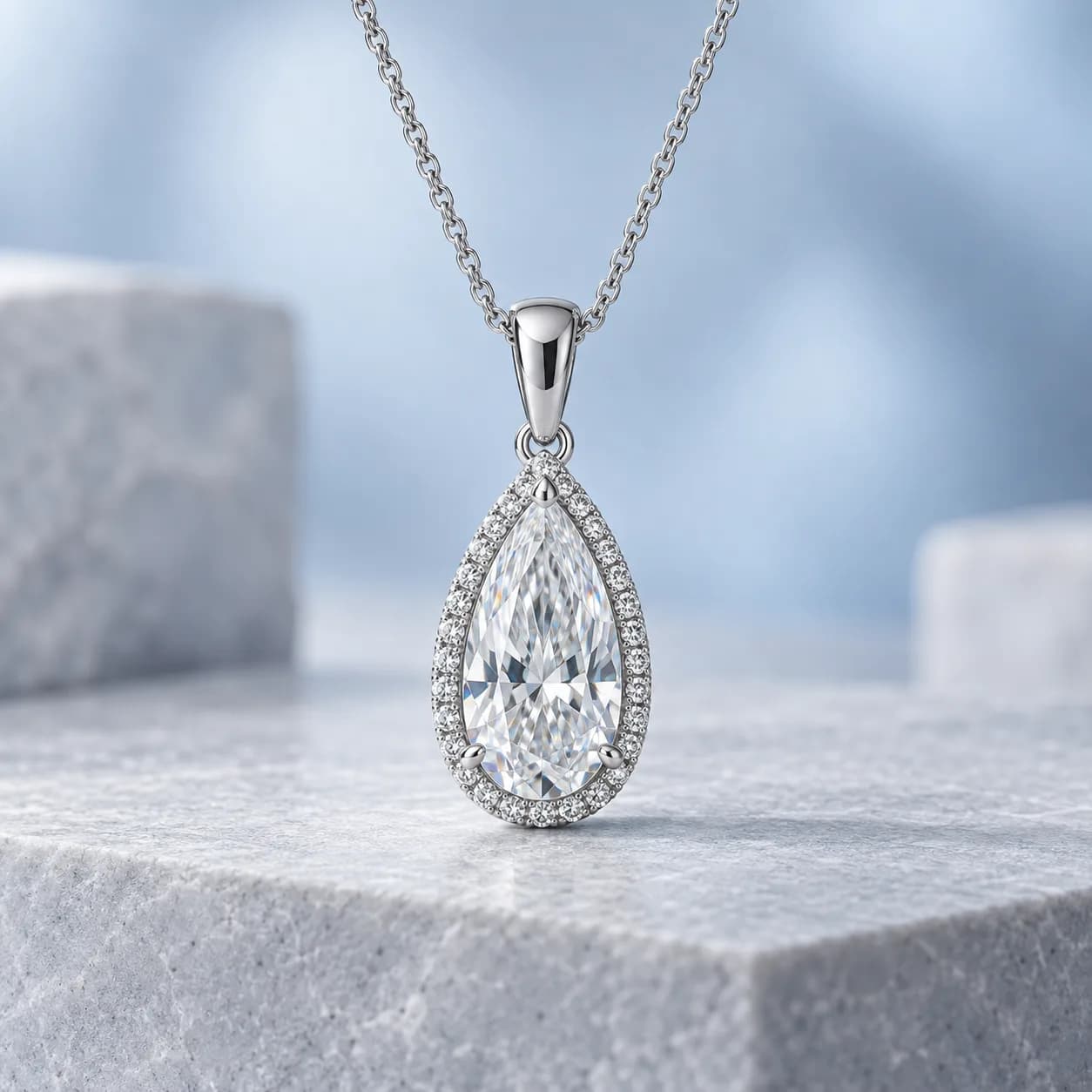 Concept of a pear-shaped diamond halo pendant in white gold