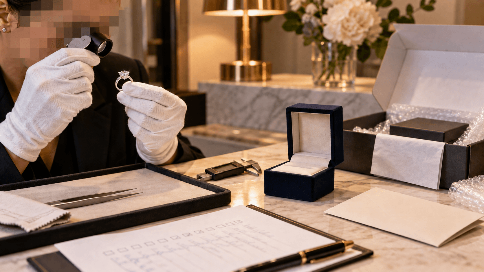Representative jewelry final inspection and packing with face pixelated for privacy
